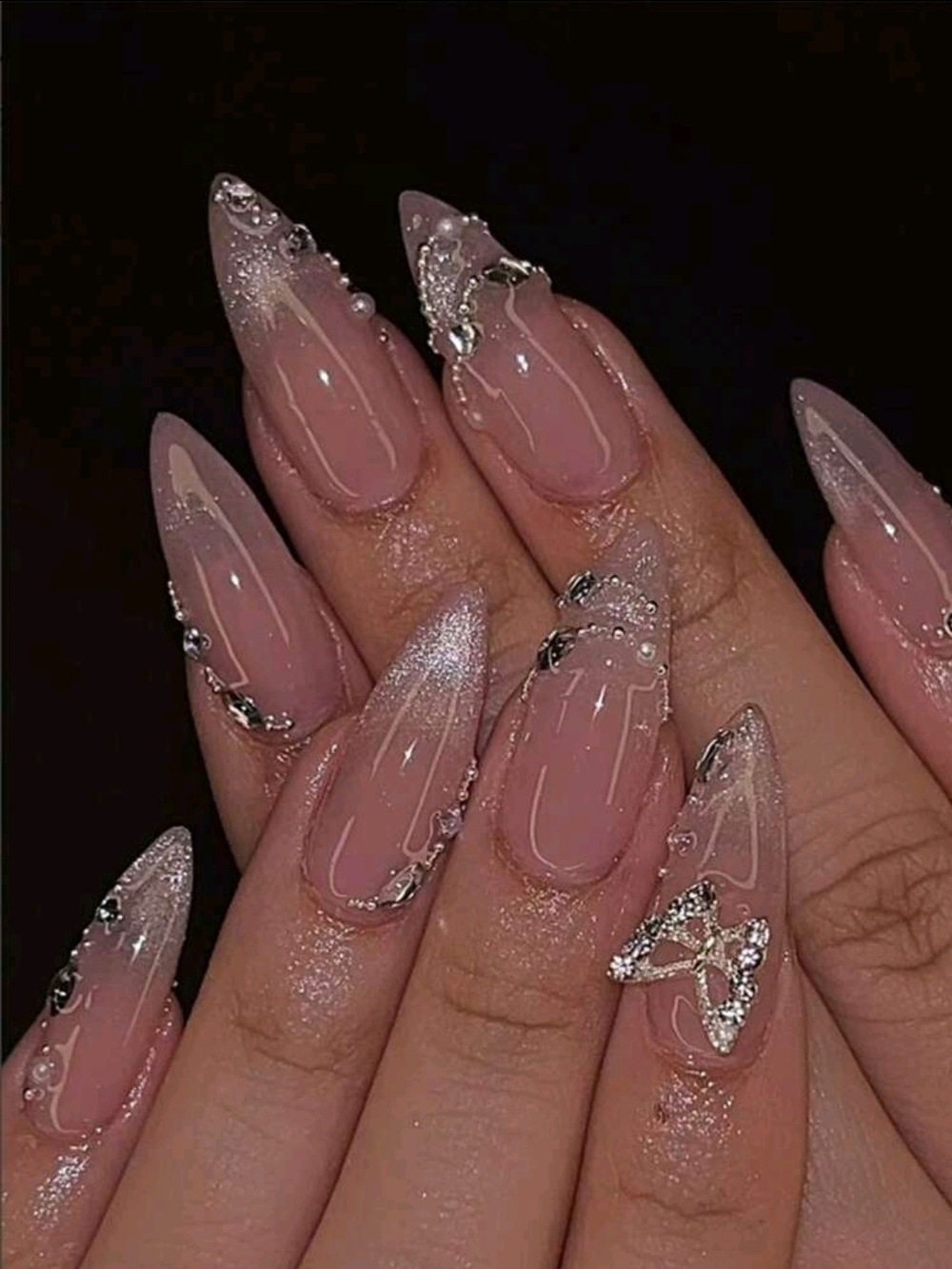 Nude Pink Gel Nail Polish Set with Silver Accents